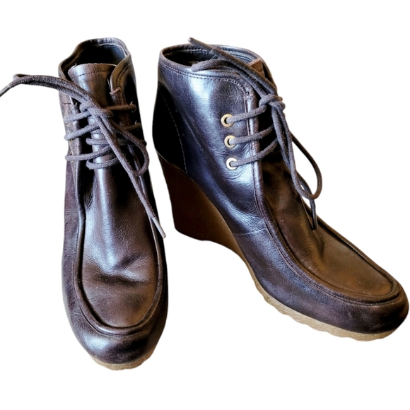 Michael Michael Kors Dark Brown Leather Wedge Booties Lace Up Size 9 - Picture 1 of 9